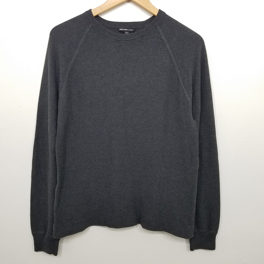 James Perse Walfle Knit Crew-Neck Longsleeve Cotton Charcoal Pull-over Sweater